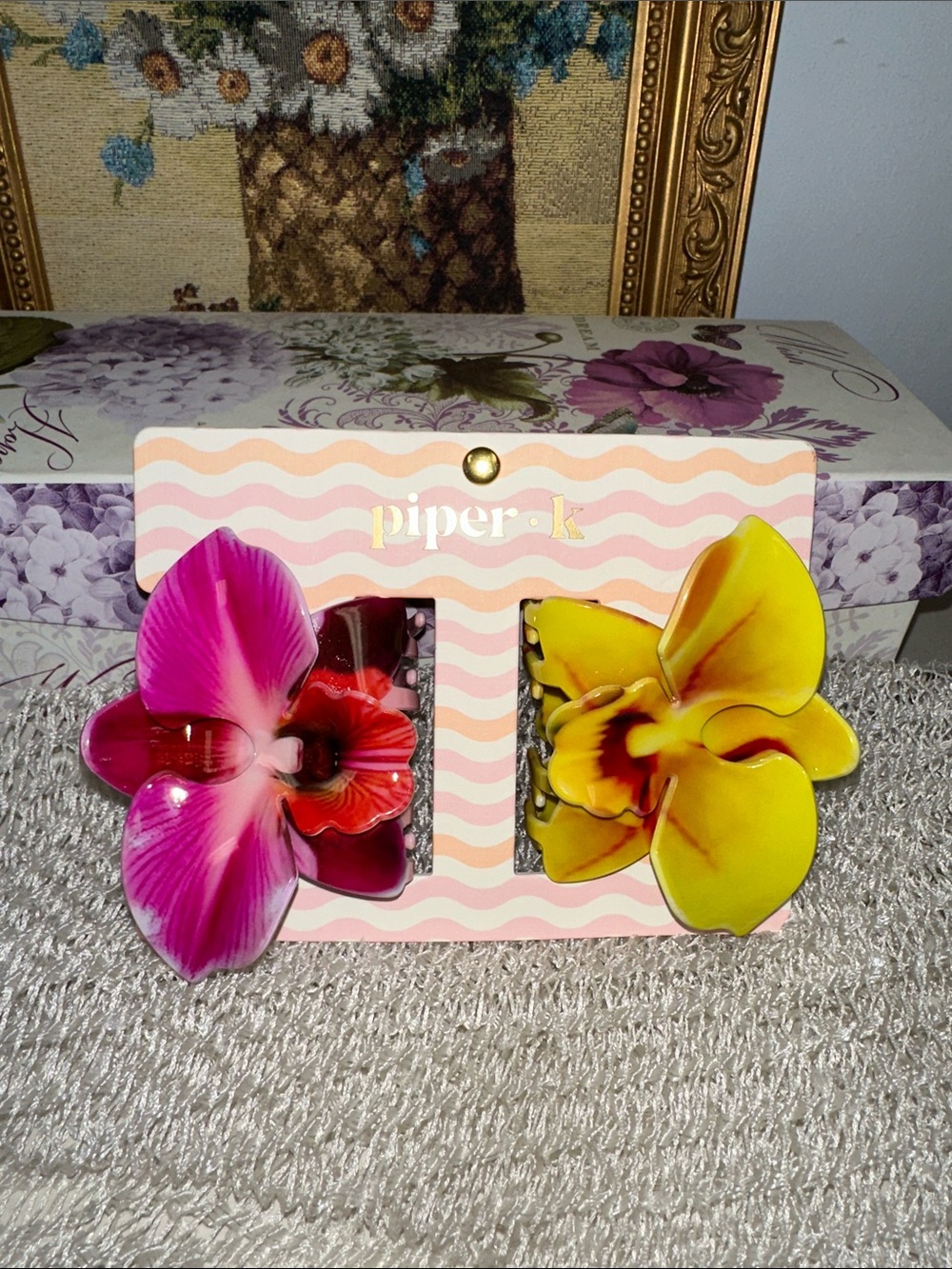 piper • k Yellow Pink Red Burgundy Plastic Orchid flower shaped hair clips 2 pc